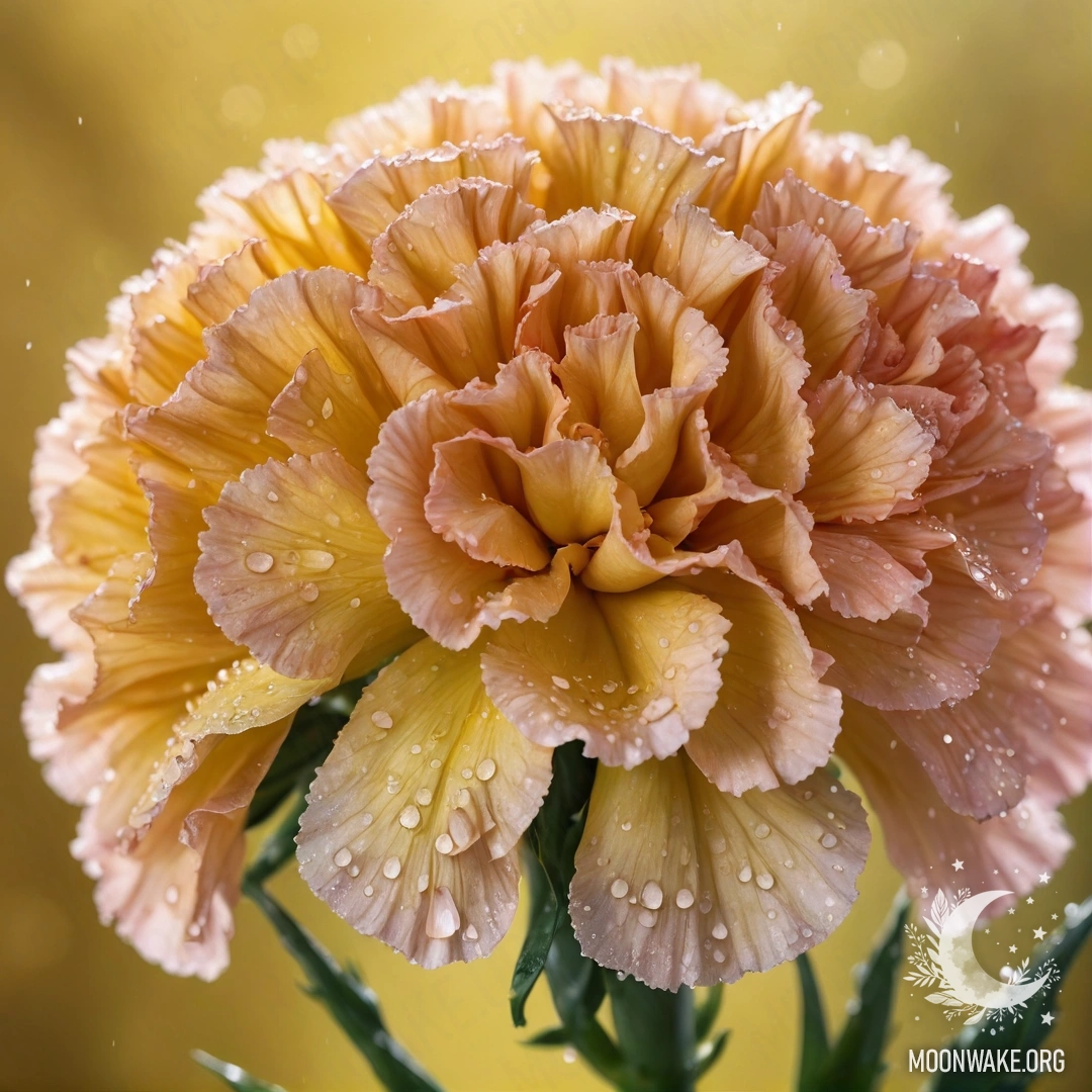 A bouquet of yellow romantic carnations adorned with dew drops, illuminated by sunny rays.