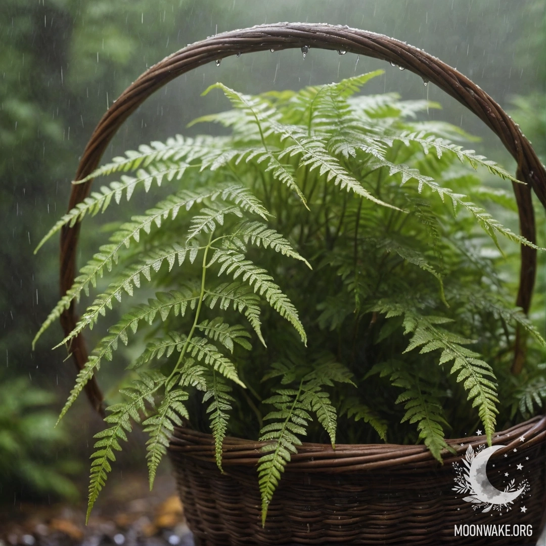 A yellow fern in a wicker basket, surrounded by mist and rain.