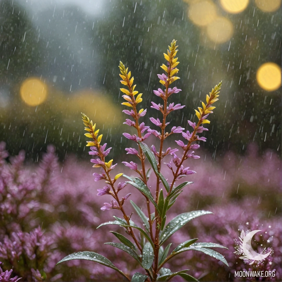 Romantic Yellow Heather Under Rain A romantic scene featuring yellow heather under the rain, adorned with rhinestones.