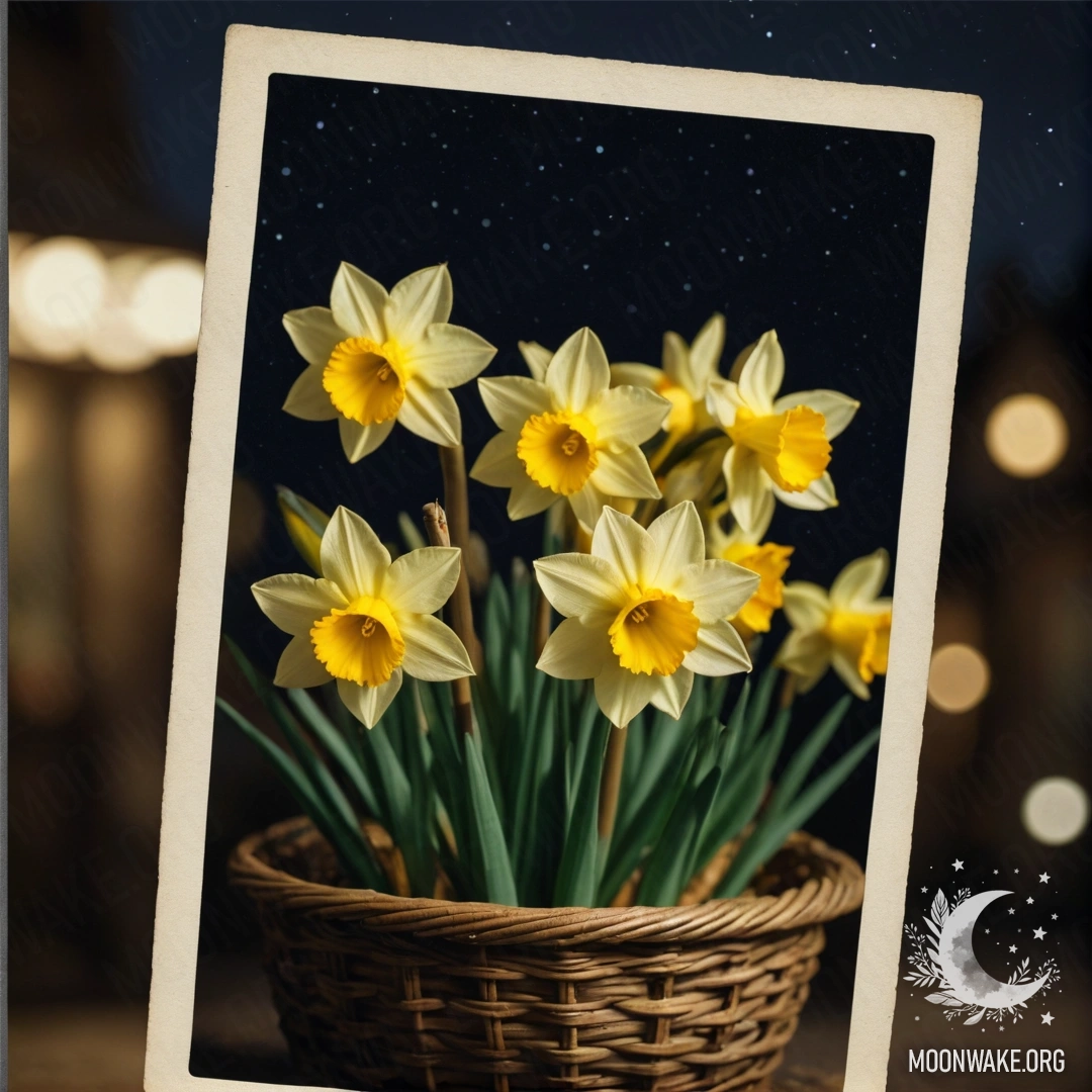 A basket filled with yellow narcissus flowers under the night sky.