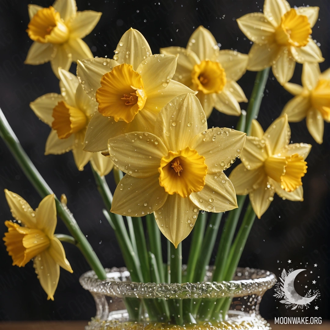 Romantic Yellow Narcissus with Dew Drops A yellow narcissus flower with dew drops arranged in a vase.