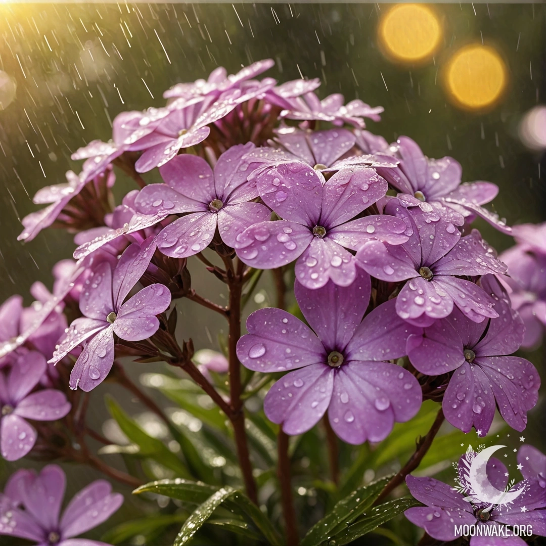 Romantic Yellow Phlox in the Rain A vibrant cluster of yellow phlox flowers glistening in the rain with rays of sunshine breaking through the clouds.