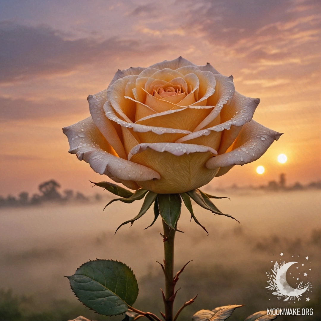 A beautiful rose surrounded by fog, against a sunset background.