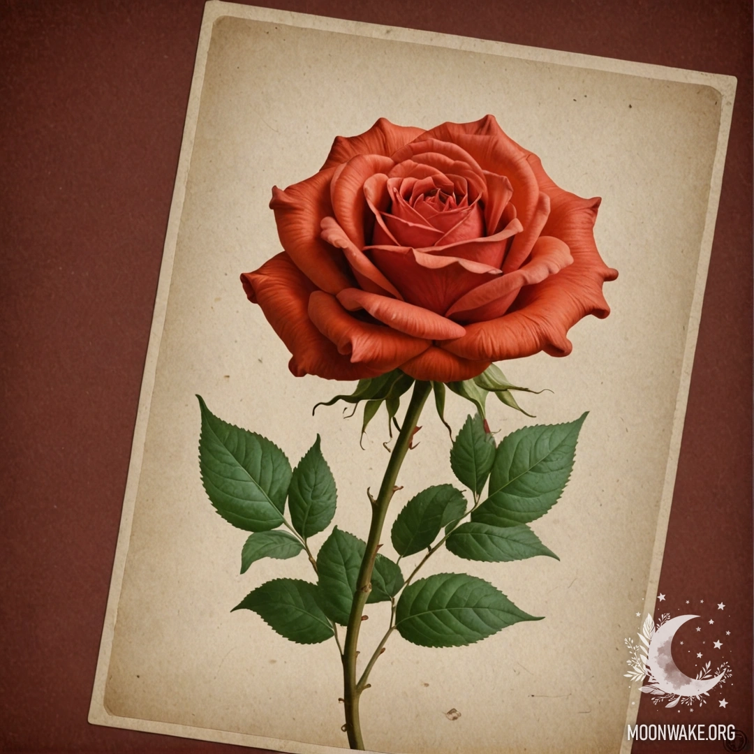 A vintage postcard featuring a red flame shaped like a rose.