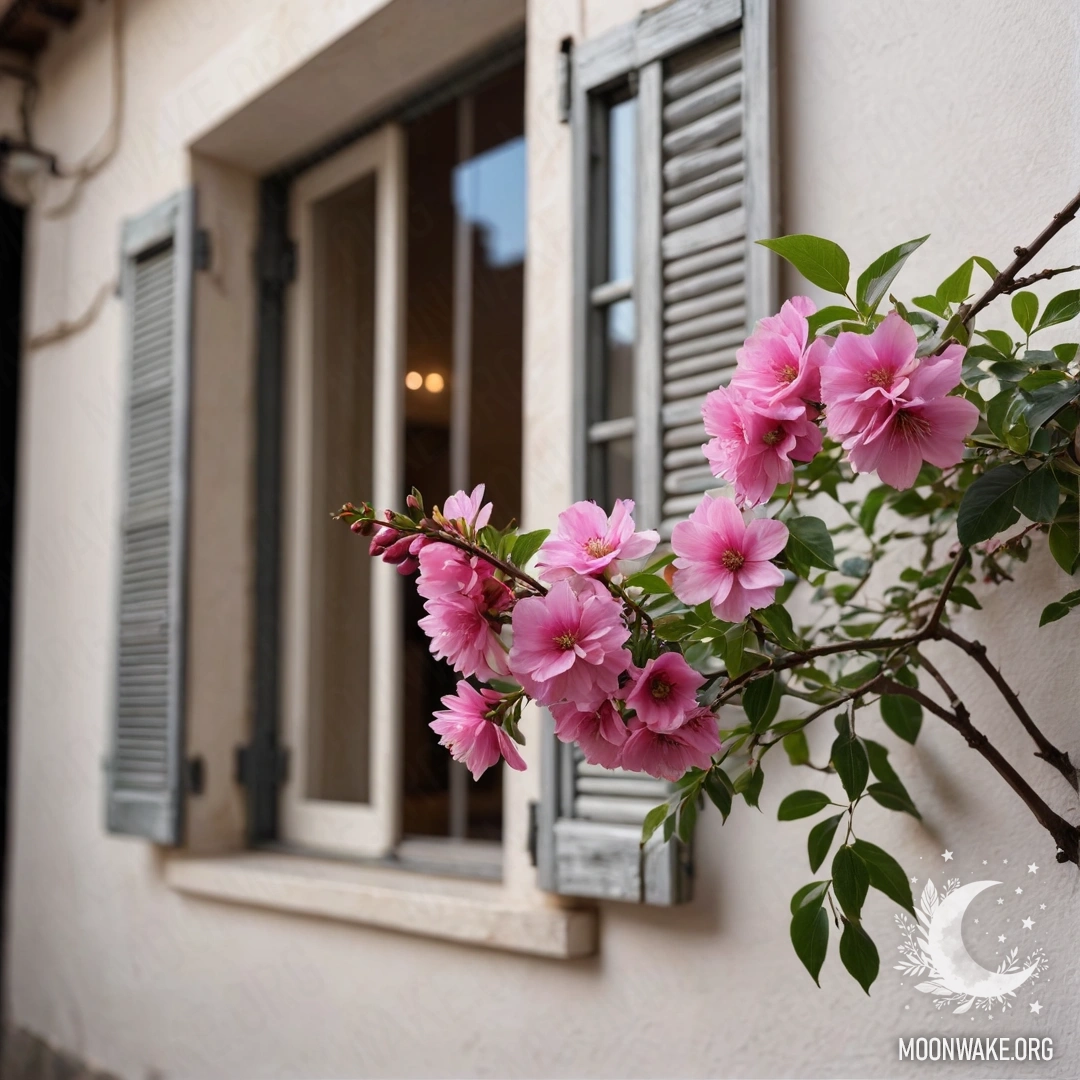 A branch with delicate pink flowers in front of a white wall with windows and shutters.