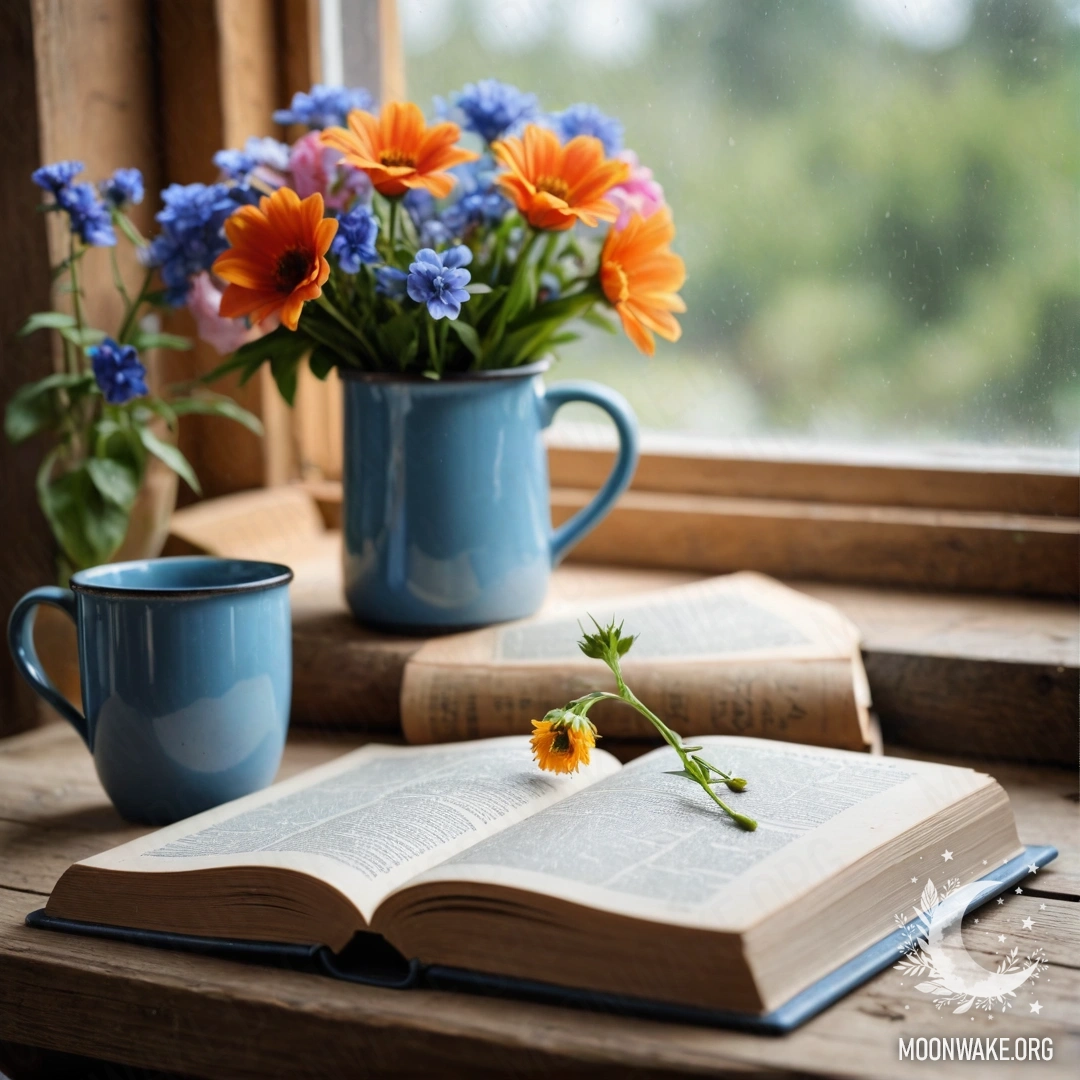 A blue book lies on a wooden windowsill, adorned with a blue mug filled with flowers.