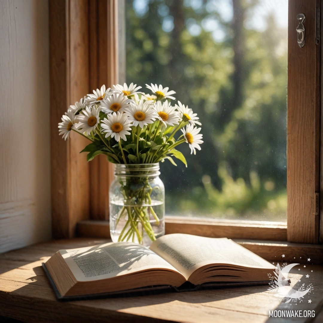 A shabby wooden table with a jar of flowers, soft glowing lights in the background.