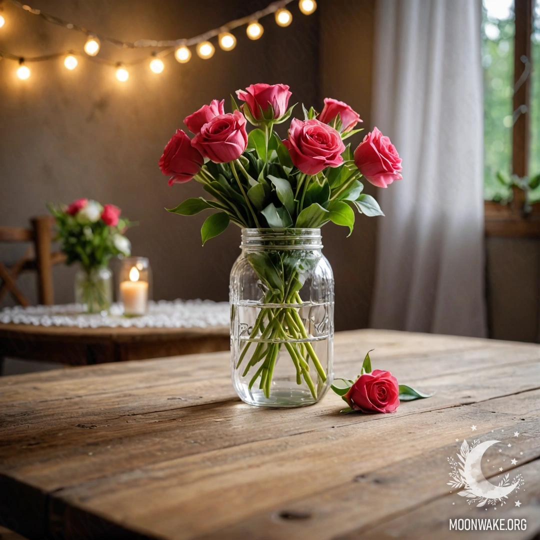A shabby wooden table with a jar of flowers and soft bokeh lights in the background.
