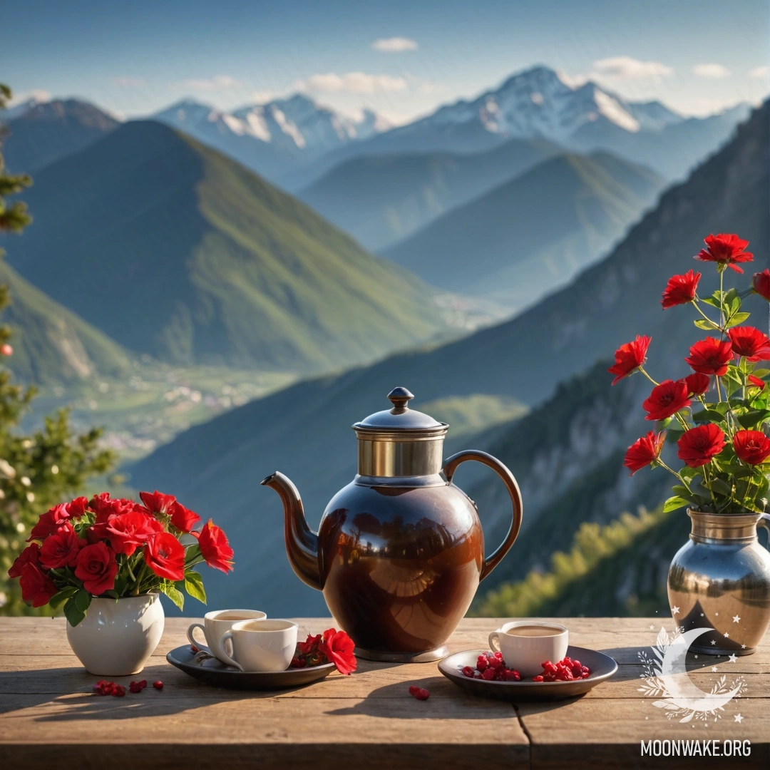 Rustic Charm: Coffee and Flowers in Nature A rustic wooden table surrounded by mountains, adorned with a jar of red flowers, a coffee pot, and cups illuminated by a garland.