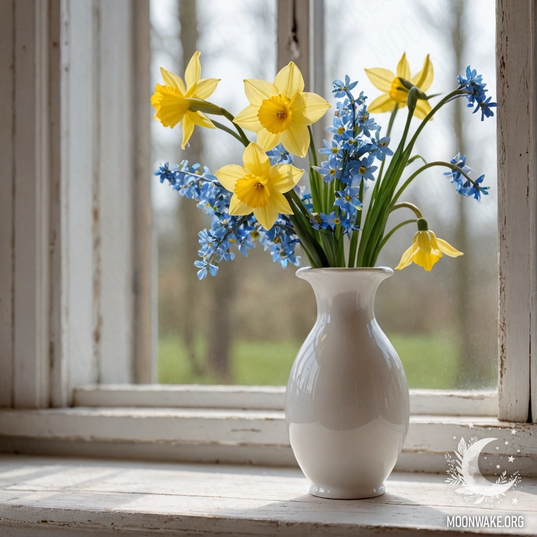 A photorealistic image of a shabby wooden window sill with a white porcelain vase holding daffodils and forget-me-nots.