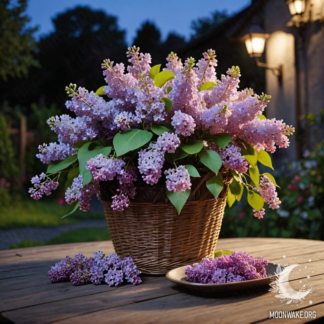 Rustic Lilacs on Vintage Table A vintage wooden table in a garden at night with a basket of lilacs.