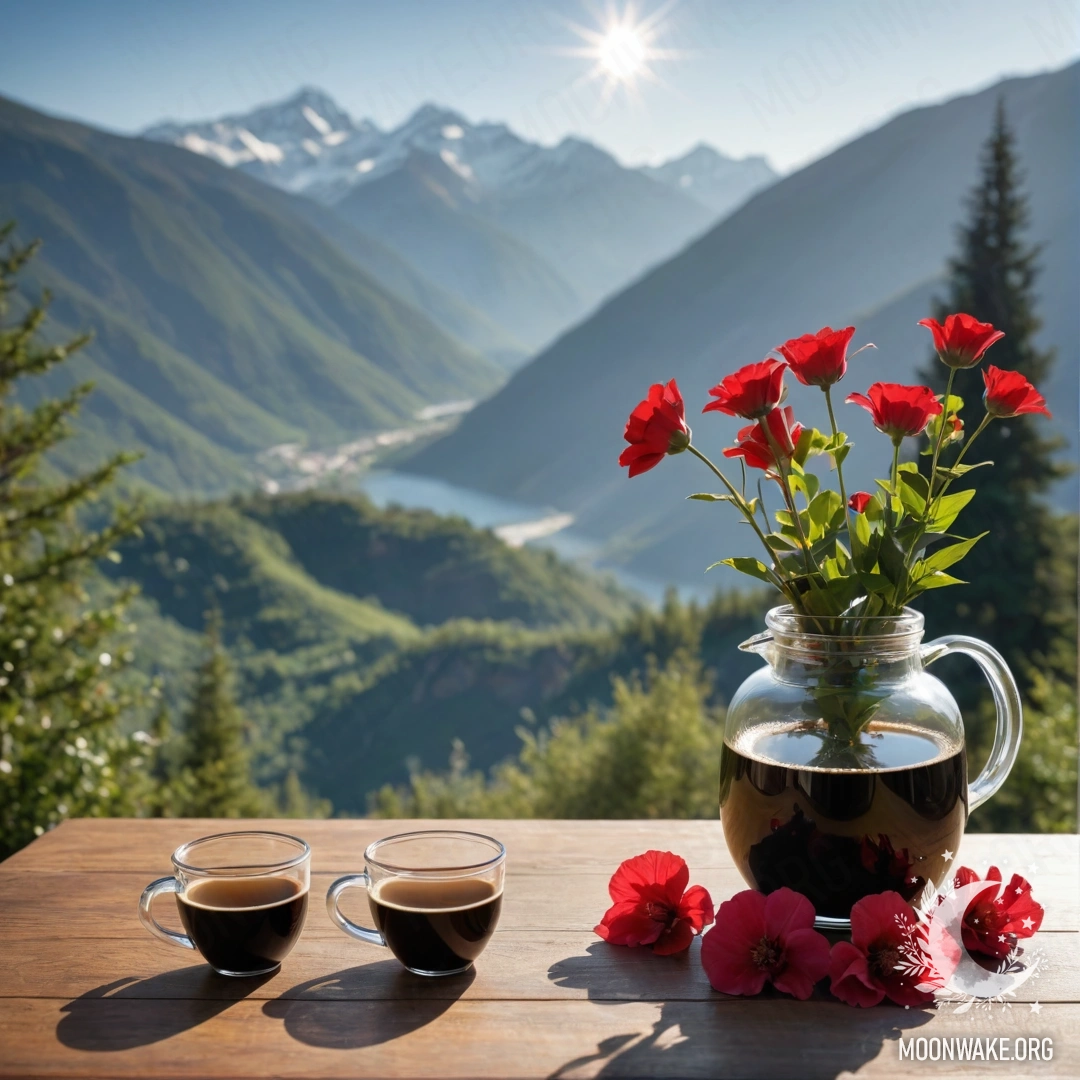An abstract wooden table adorned with a jar of red flowers and a coffee pot, set against a majestic mountain backdrop, illuminated by warm sun rays.