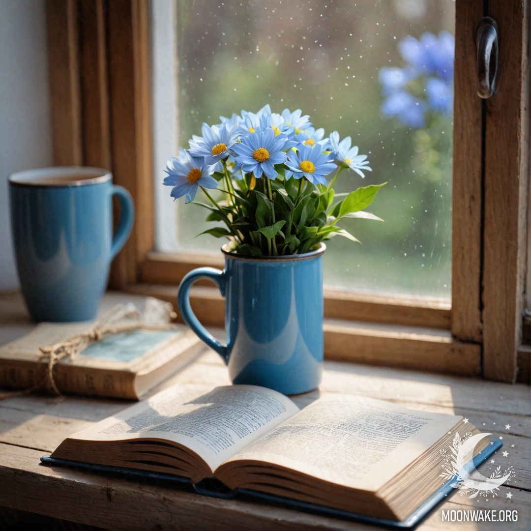 A blue book resting on a wooden windowsill with a blue metal mug filled with flowers and fairy lights.