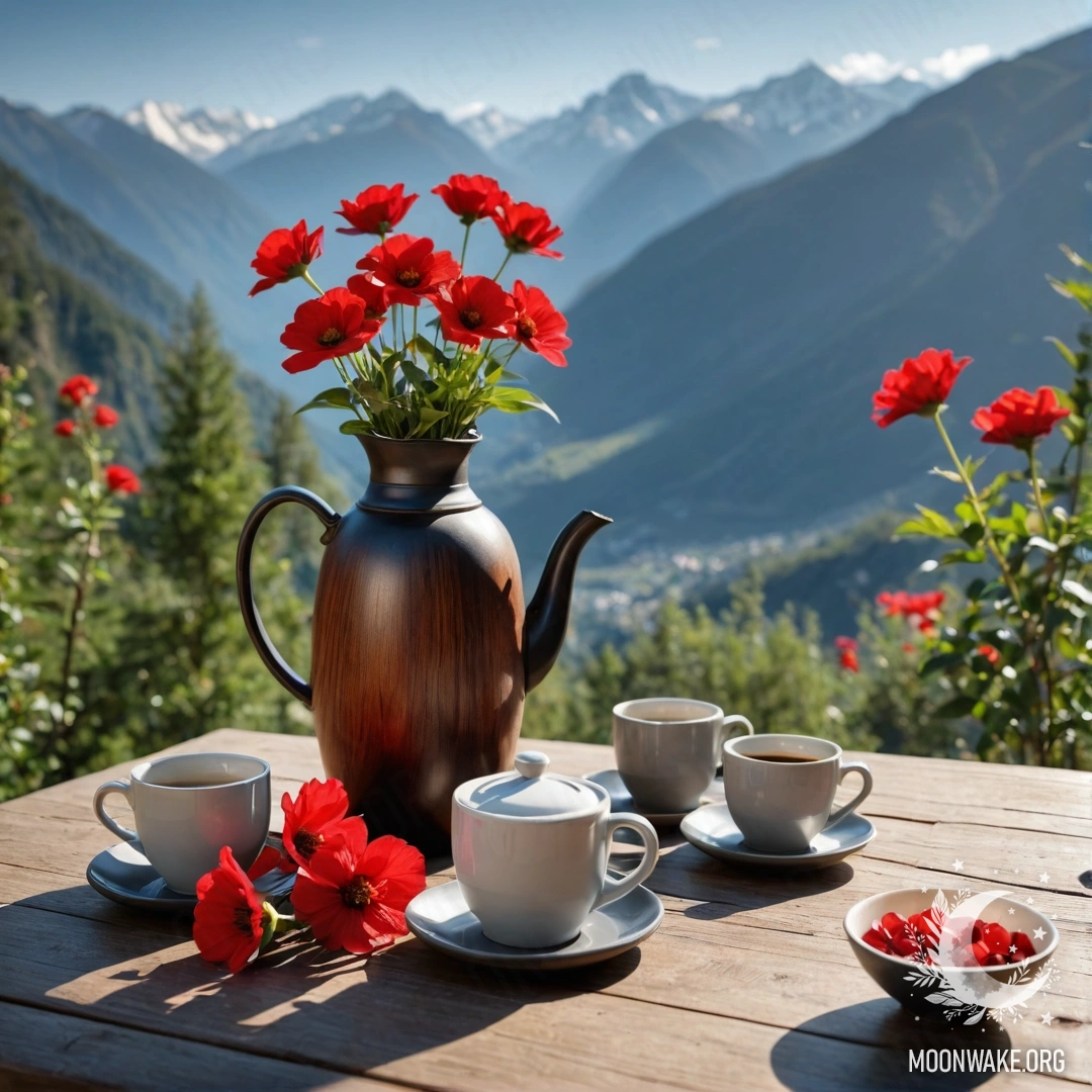A wooden table with red flowers, a coffee pot, and cups, set against mountains.