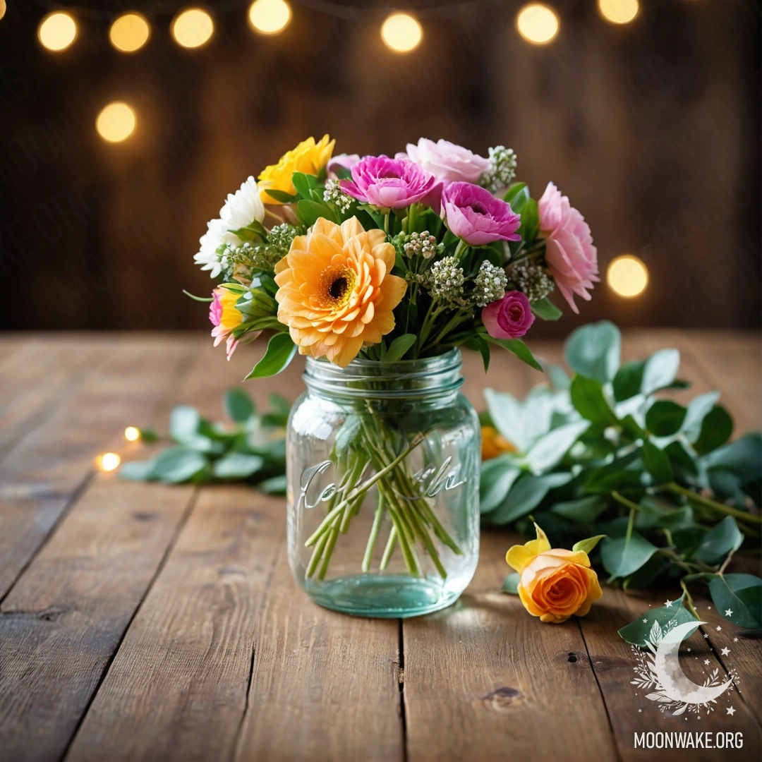 A shabby wooden table with a jar of flowers, light garland bokeh in the background.
