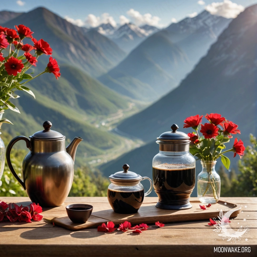 Rustic Table with Flowers and Coffee Against Mountain View An abstract wooden table with a jar of red flowers, a coffee pot, and cups, set against a majestic mountain backdrop bathed in sunlight.