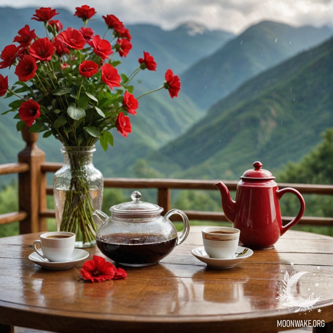 A rustic wooden table set against majestic mountains, adorned with a jar of red flowers and a coffee pot with cups in the rain.