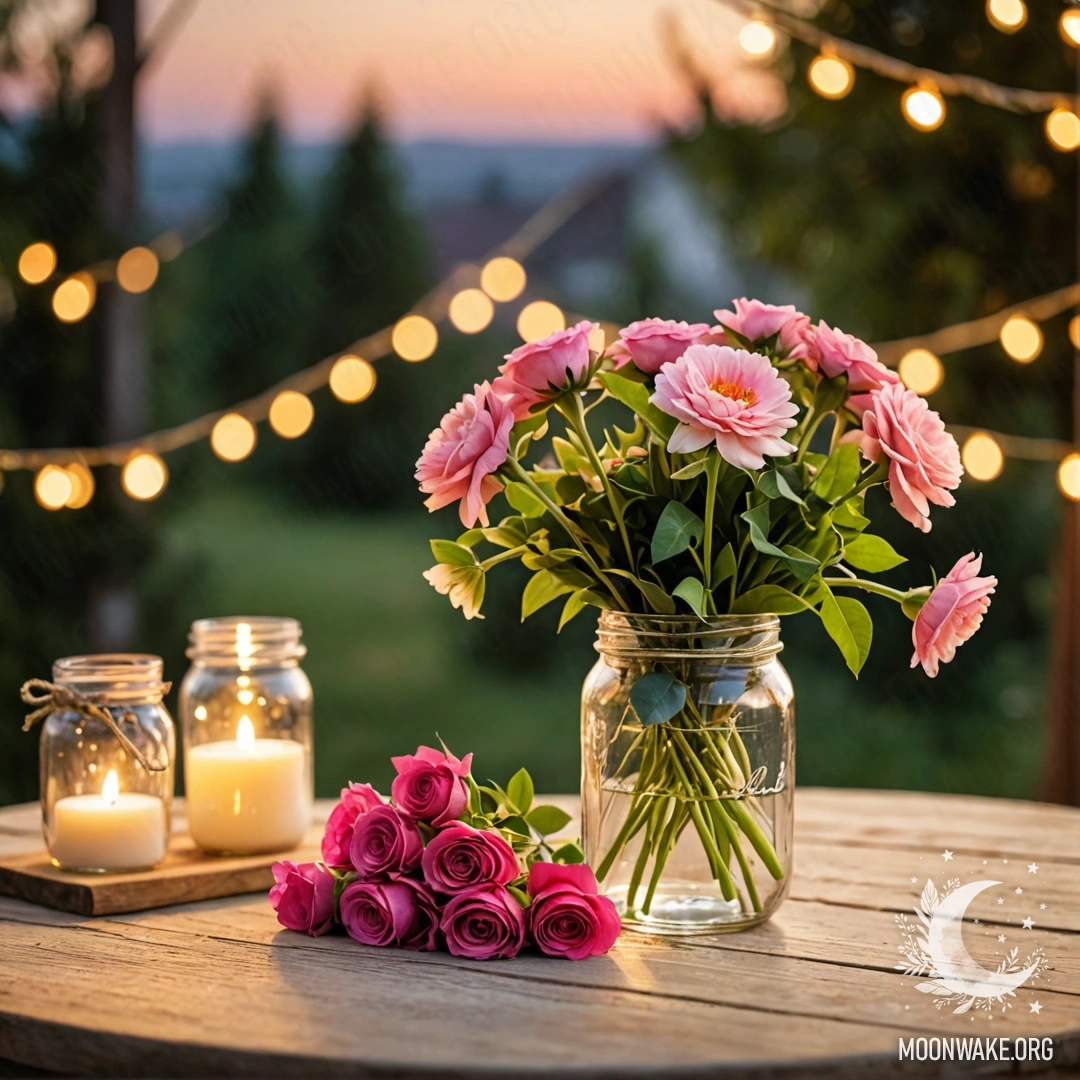 A rustic wooden table with a jar of flowers against a sunset backdrop with bokeh lights.
