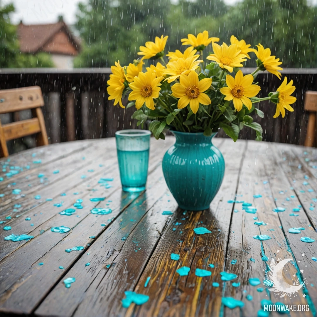 An old wooden table covered with a white knitted tablecloth and a turquoise vase filled with yellow flowers, under the rain.