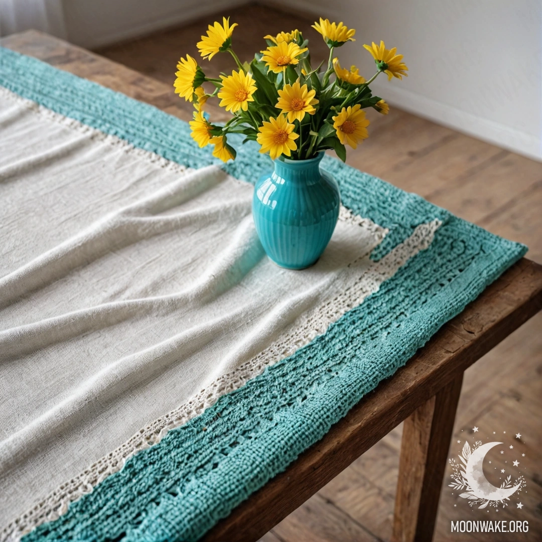 Rustic Table with Blooms and Sunlight A shabby wooden table adorned with a white knitted tablecloth and a turquoise vase filled with yellow flowers, illuminated by soft sun rays.
