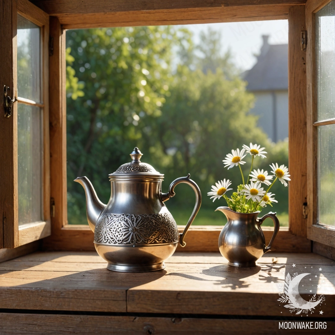 A photorealistic depiction of a shabby wooden window sill with a metal teapot holding daisies, illuminated by sun rays.