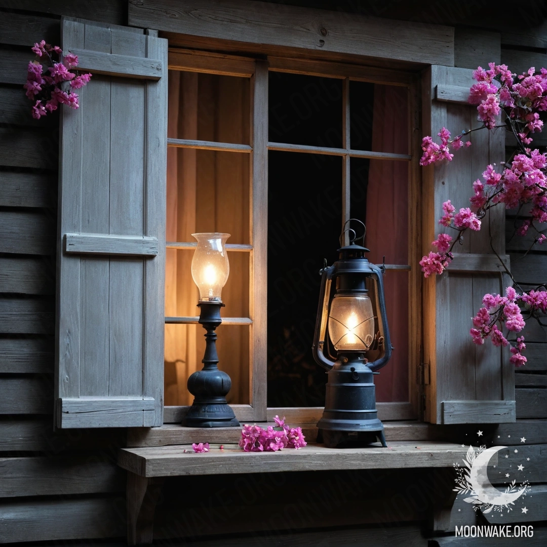 A shabby wooden window with shutters, a kerosene lamp above, and pink flowers curling around it at night.