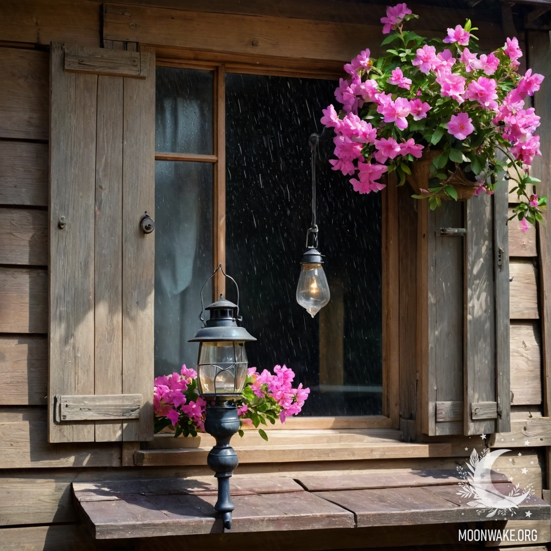 An abstract photograph of a shabby wooden window with shutters, a kerosene lamp above it, and pink flowers curling around the window in the rain.