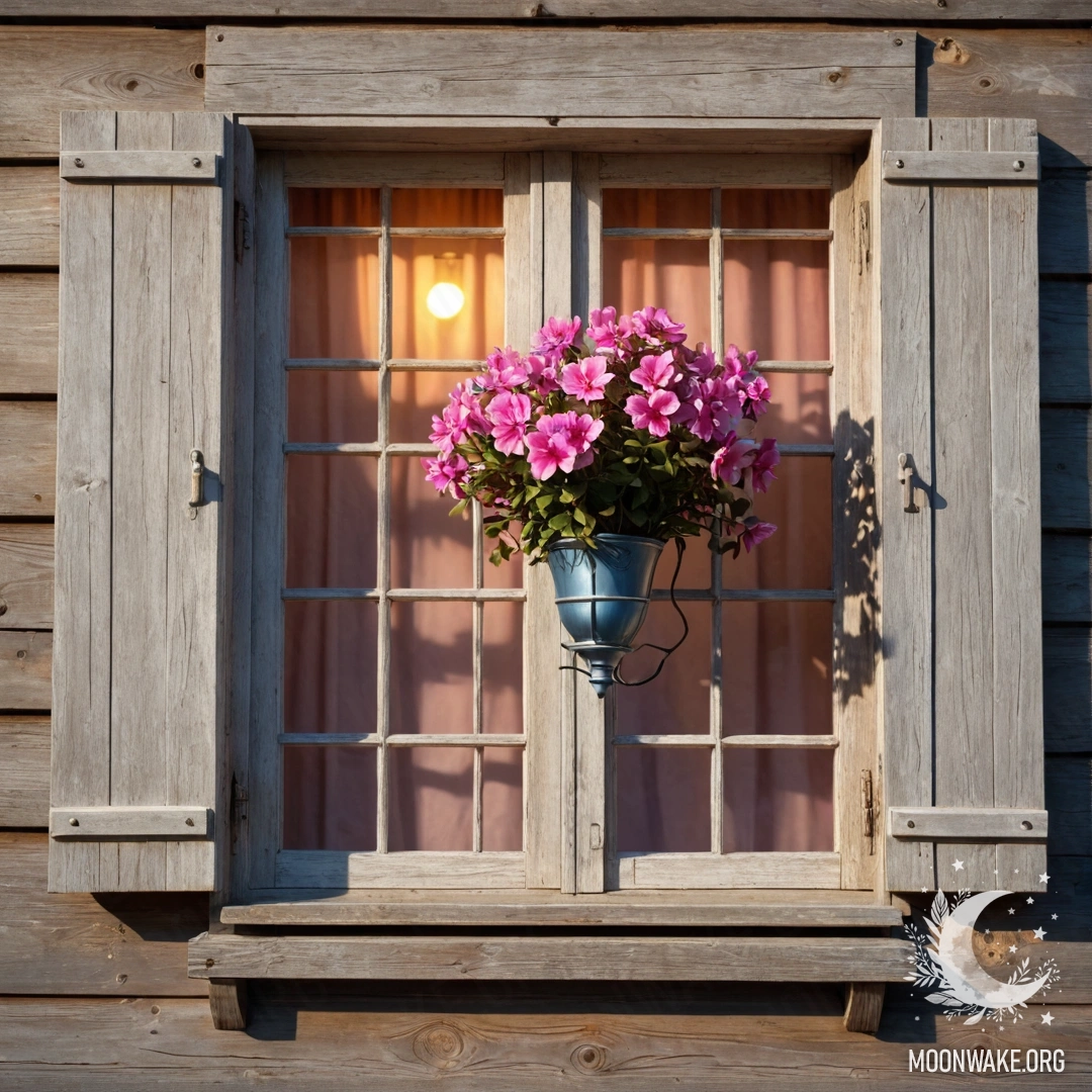 Rustic Window with Flowers at Sunset A shabby wooden window with shutters, adorned with pink flowers and a hanging kerosene lamp above it, illuminated by the soft colors of sunset.