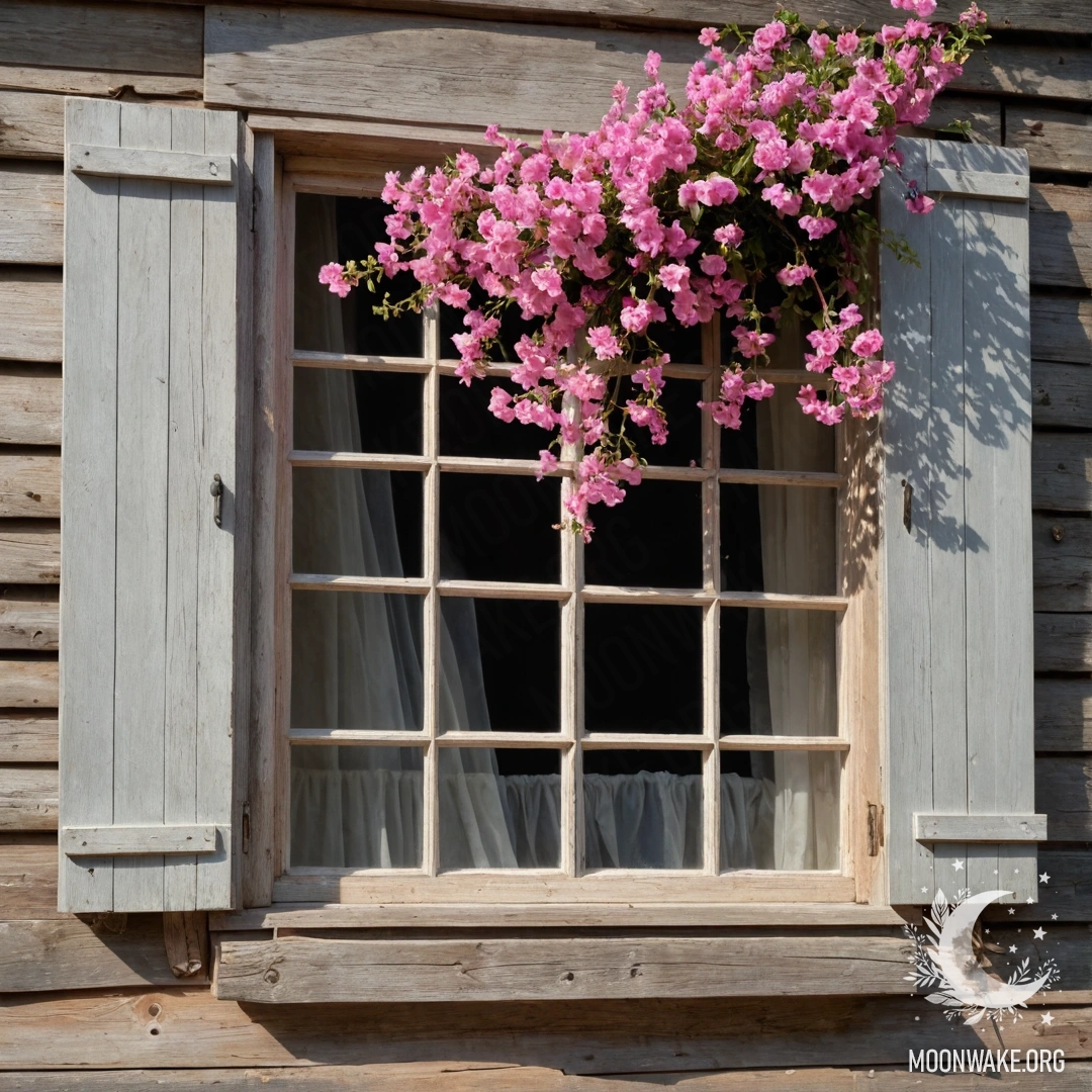 A weathered wooden window with shutters, adorned with pink flowers and a kerosene lamp hanging above.