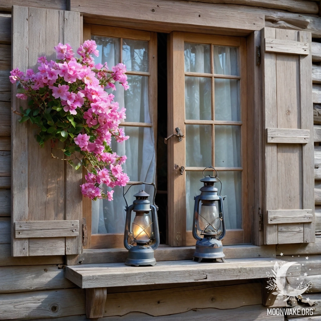 A rustic wooden window with shabby shutters and a kerosene lamp above, adorned with a branch of pink flowers.