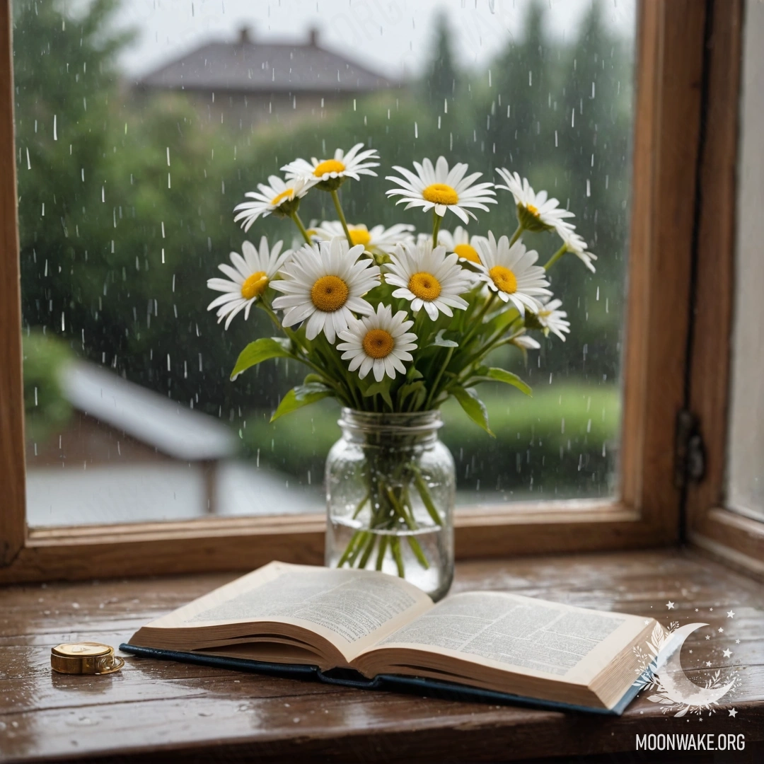 A shabby wooden windowsill with a jar of daisies and an open book under the rain.