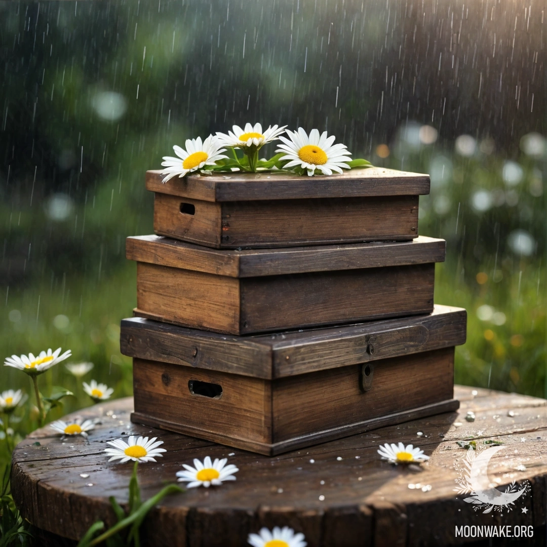 A stack of two shabby wooden boxes adorned with daisies, drenched by the rain.