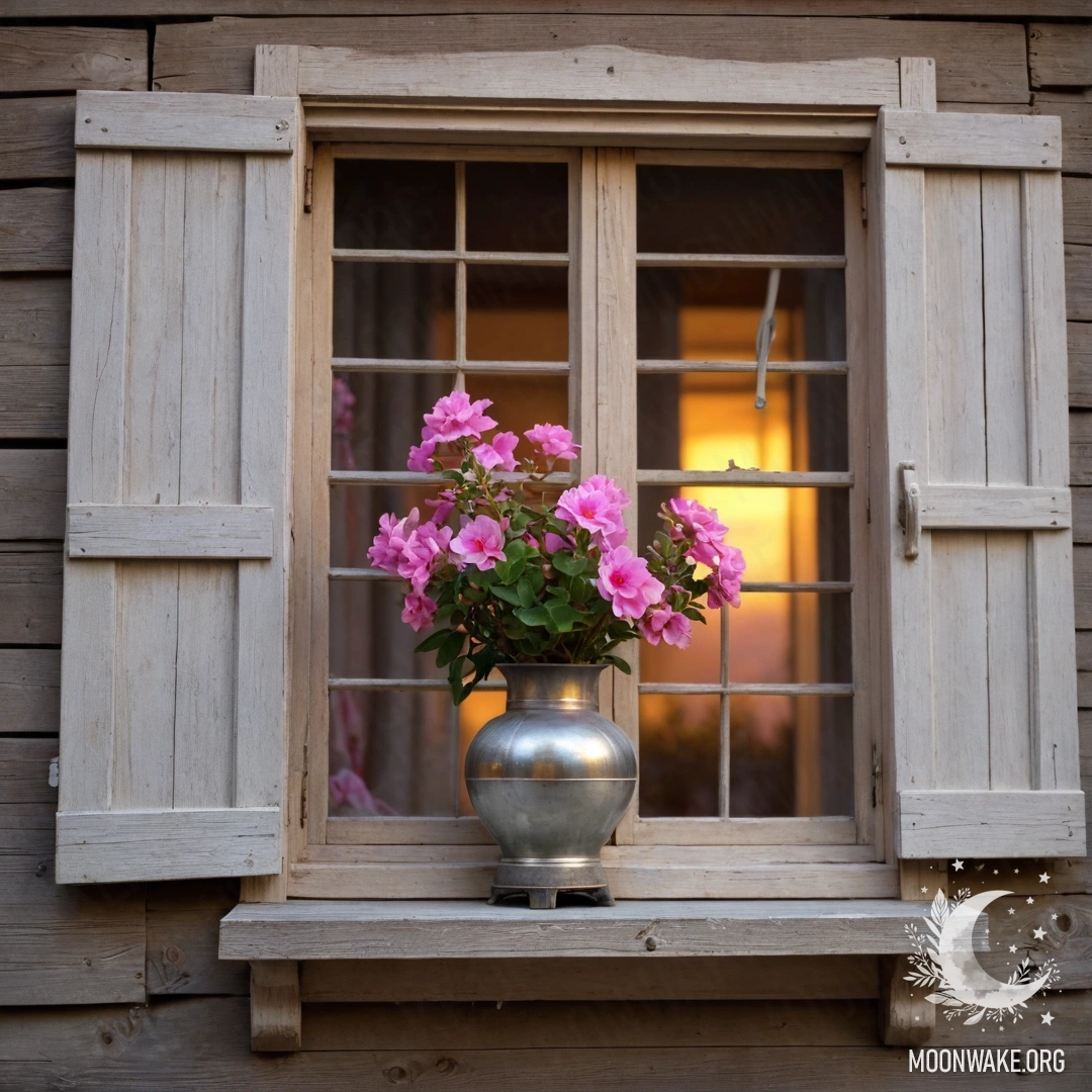 Rustic Wooden Window at Sunset A photorealistic scene featuring a shabby wooden window with shutters, a kerosene lamp hanging above it, and a branch with pink flowers curling around the window.
