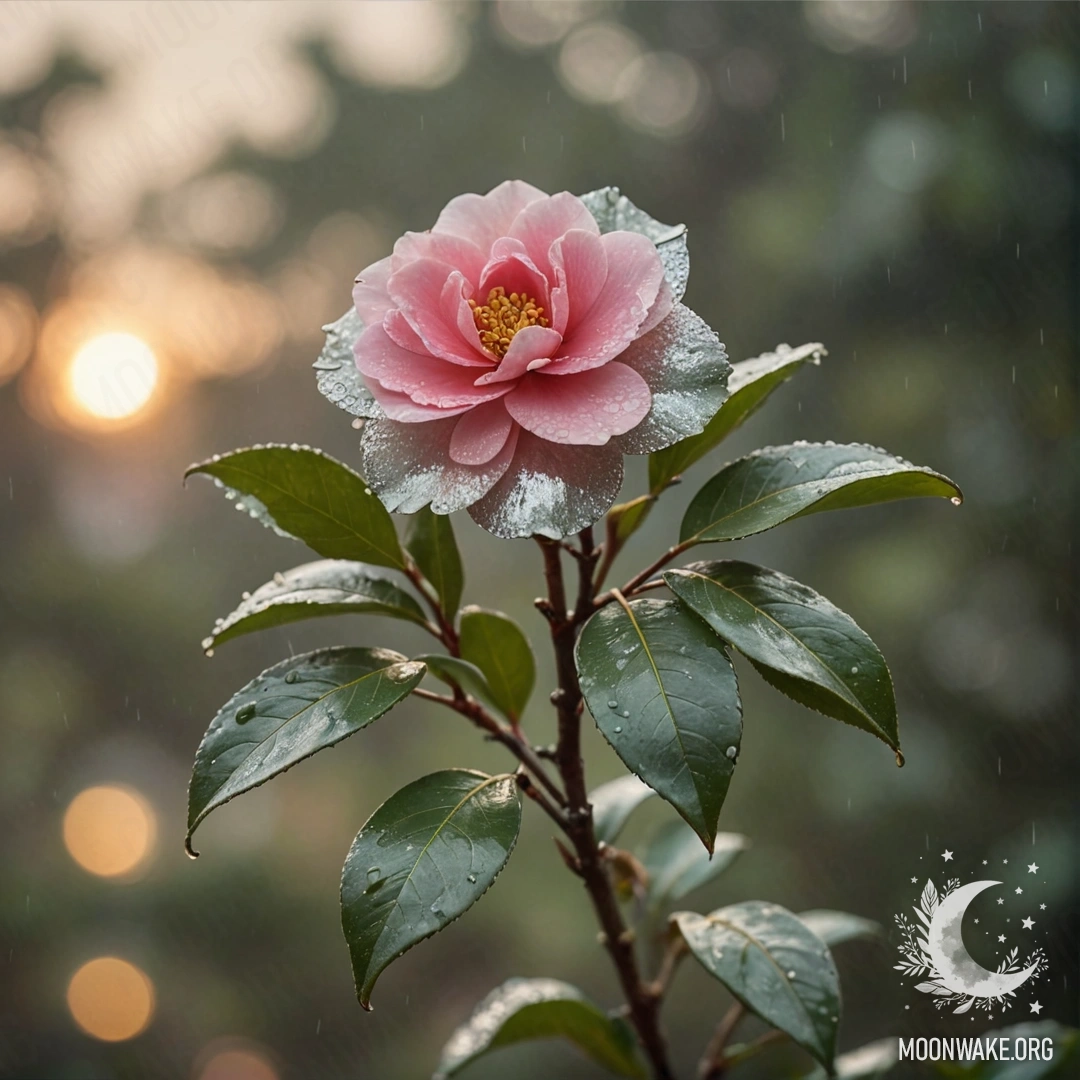 Sage Camellia in Misty Rain at Sunset A sage-colored camellia surrounded by mist and light rain during sunset.