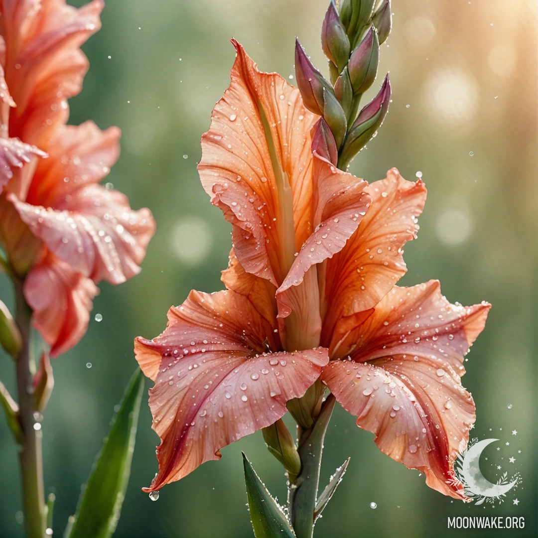 Sage Gladiolus at Sunset with Dew Drops A soft sage-colored gladiolus adorned with dew drops, set against a sunset backdrop, featuring sparkling sequins.
