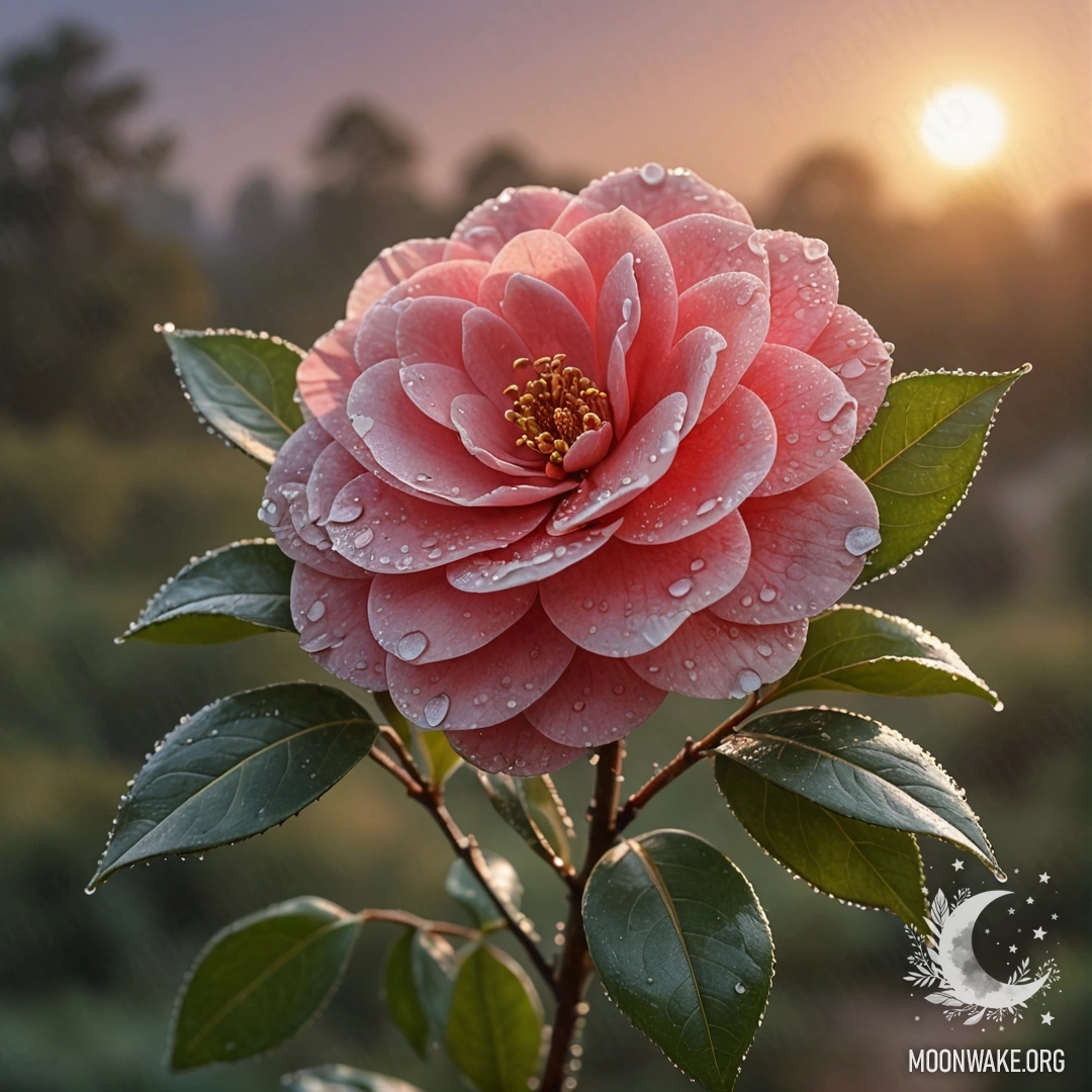 A delicate bouquet of sage-colored camellias adorned with dew drops at sunset.