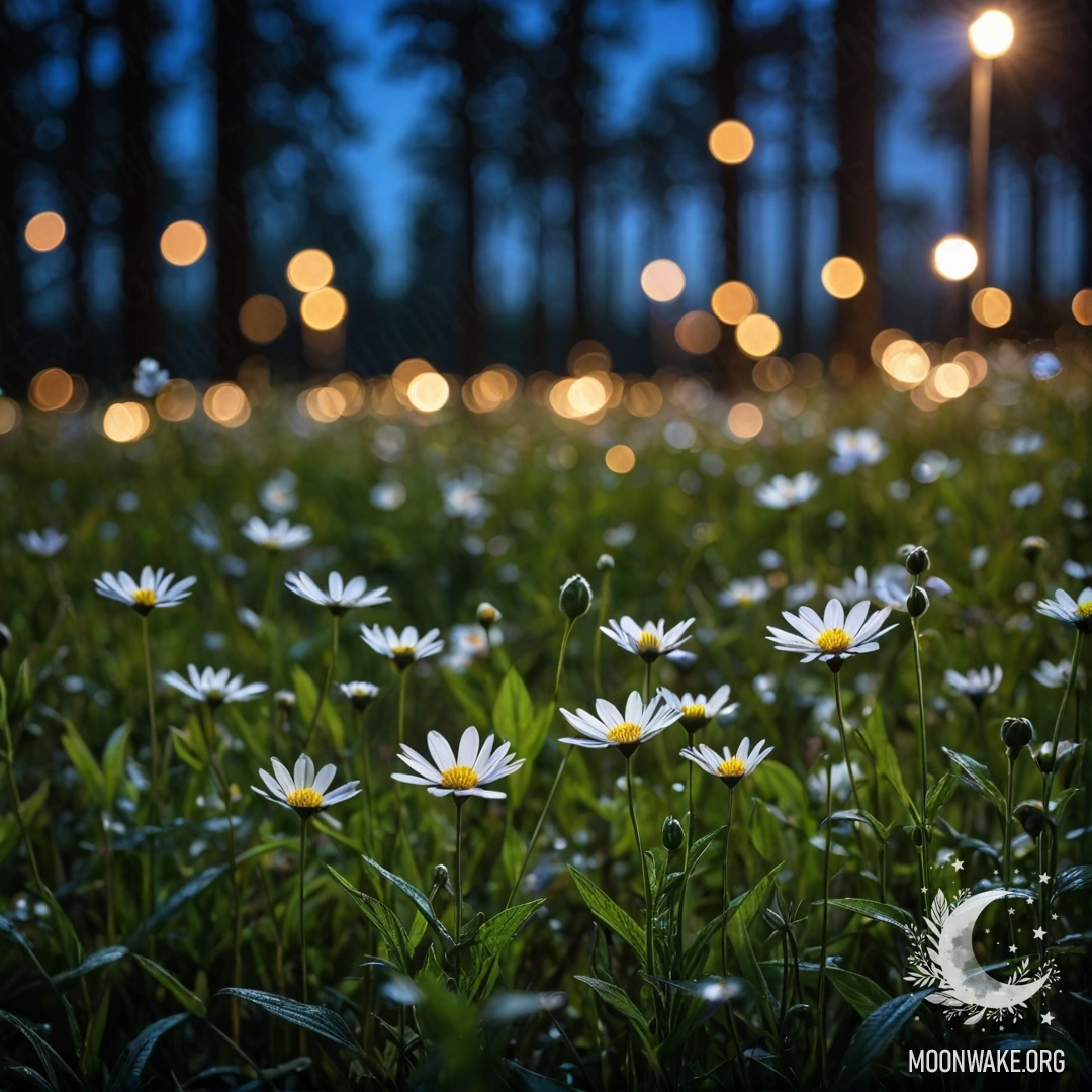 Close-up of delicate flowers in a peaceful field with a bokeh forest in the background at night.