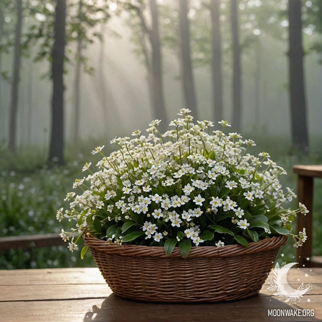 A serene basket filled with small white flowers on a wooden table with dense fog in the background.