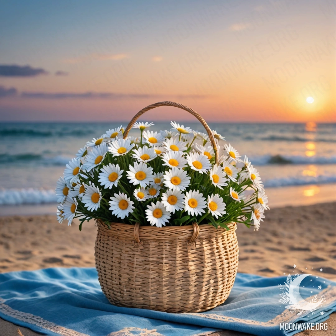 Serene Beach at Sunset with Daisies A straw bag with a blue tablecloth and daisies on a sandy beach at sunset