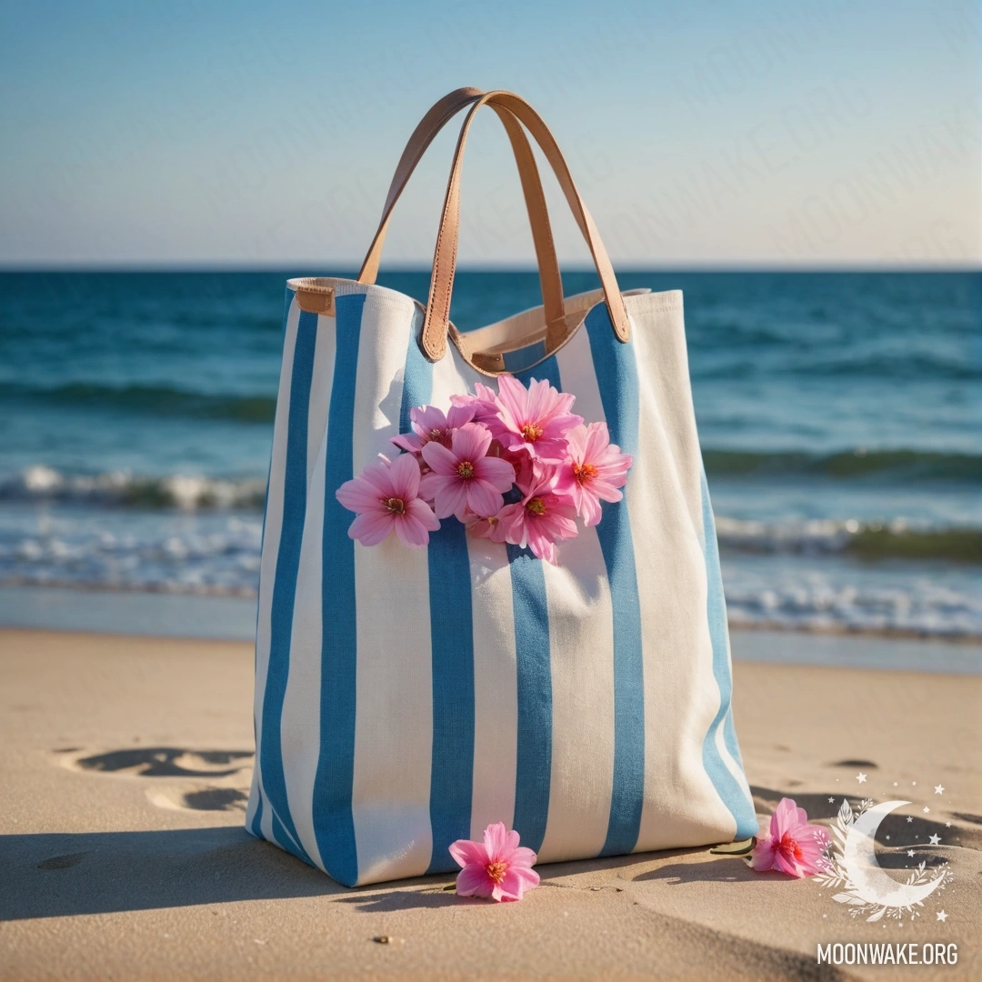 A white and blue striped fabric bag filled with pink flowers on a sandy beach at night, with the blue sea and sky in the background.