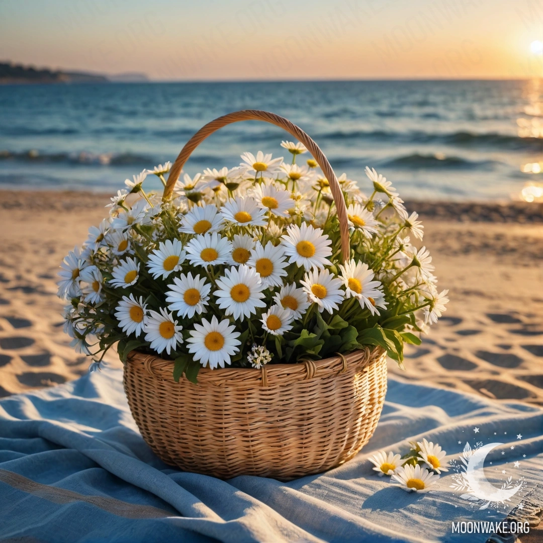 A straw bag on a sandy beach at sunset, holding a blue tablecloth and daisies, with the sea and garland lights in the background.