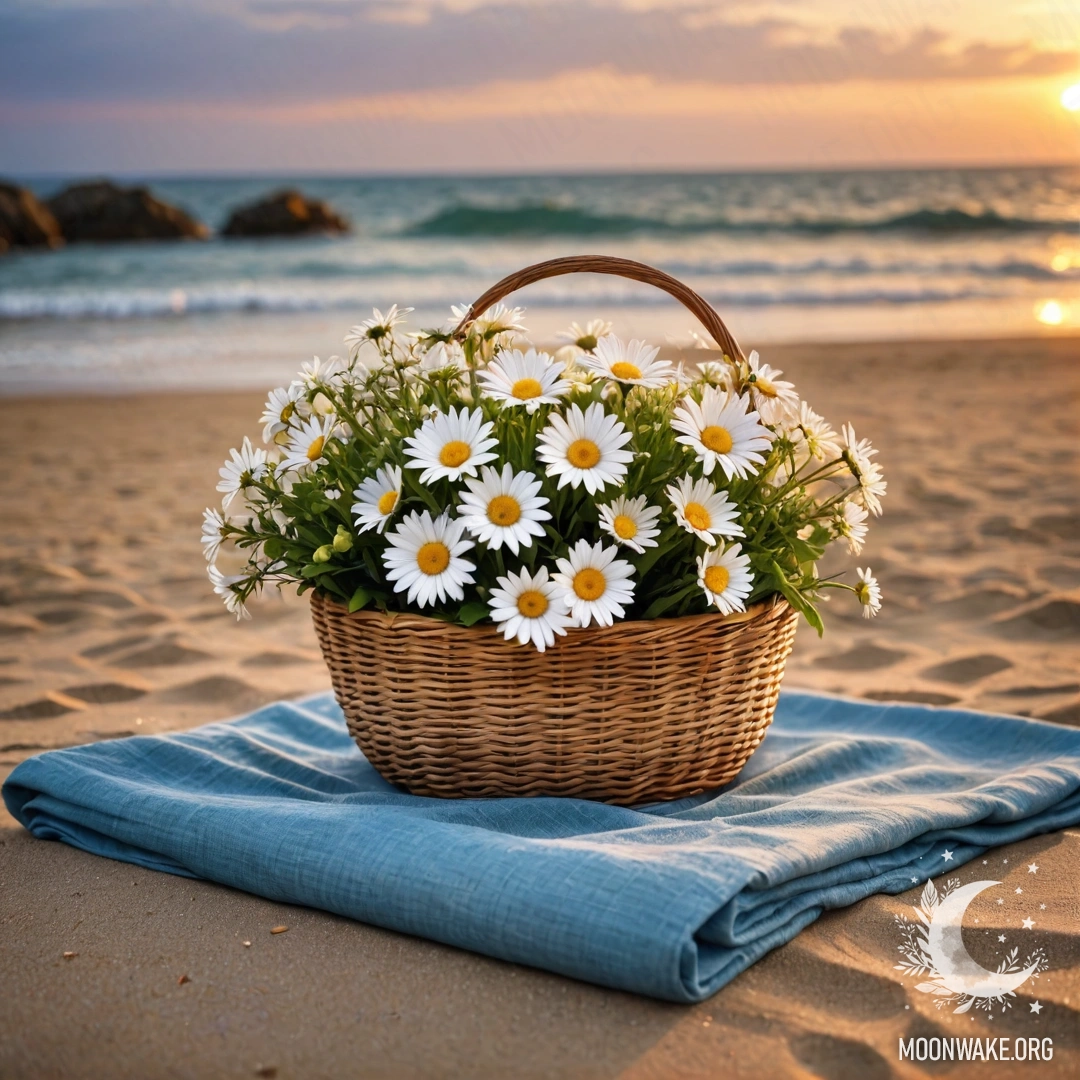 Serene Beach Sunset with Daisies A picturesque scene of a sandy beach at sunset featuring a straw bag filled with a blue tablecloth and a bouquet of daisies, with rain falling in the background.
