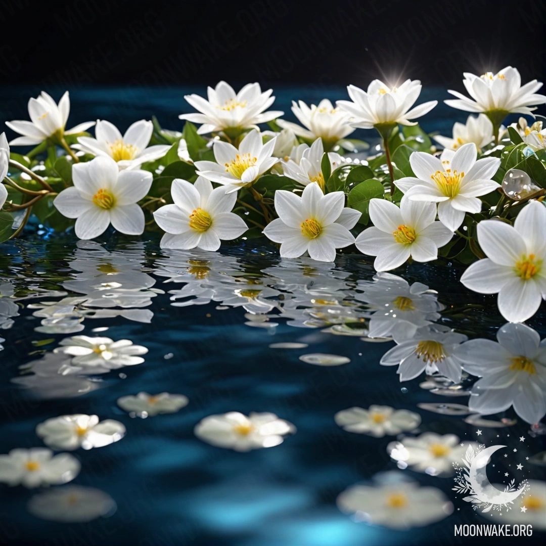 A serene composition of white flowers floating on water with soft garland lights.