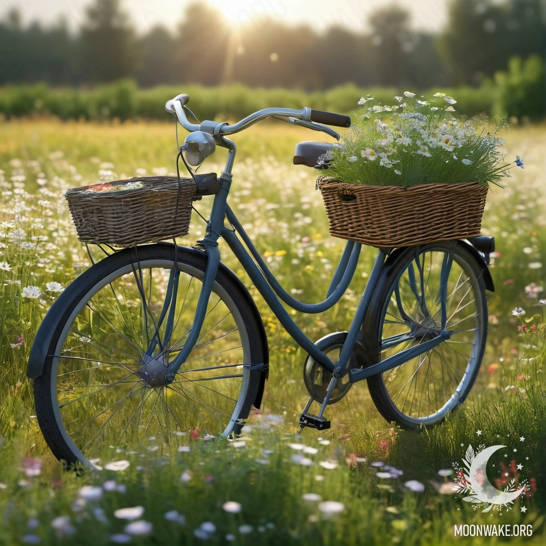 A bicycle with a flower basket resting in a serene field of herbs, illuminated by soft sun rays.