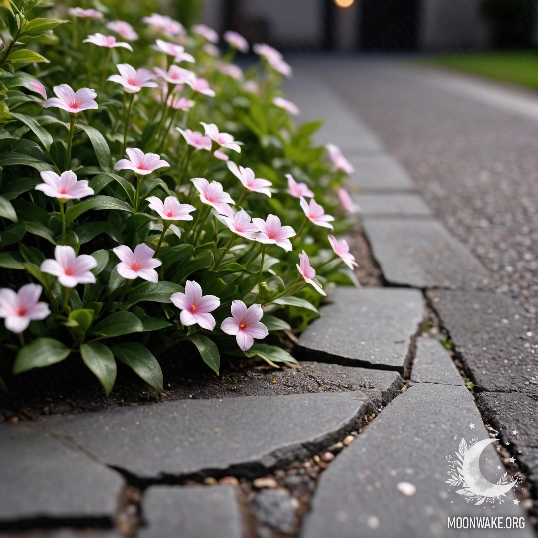 A shabby stone curb with small white and pink flowers growing behind it at night.