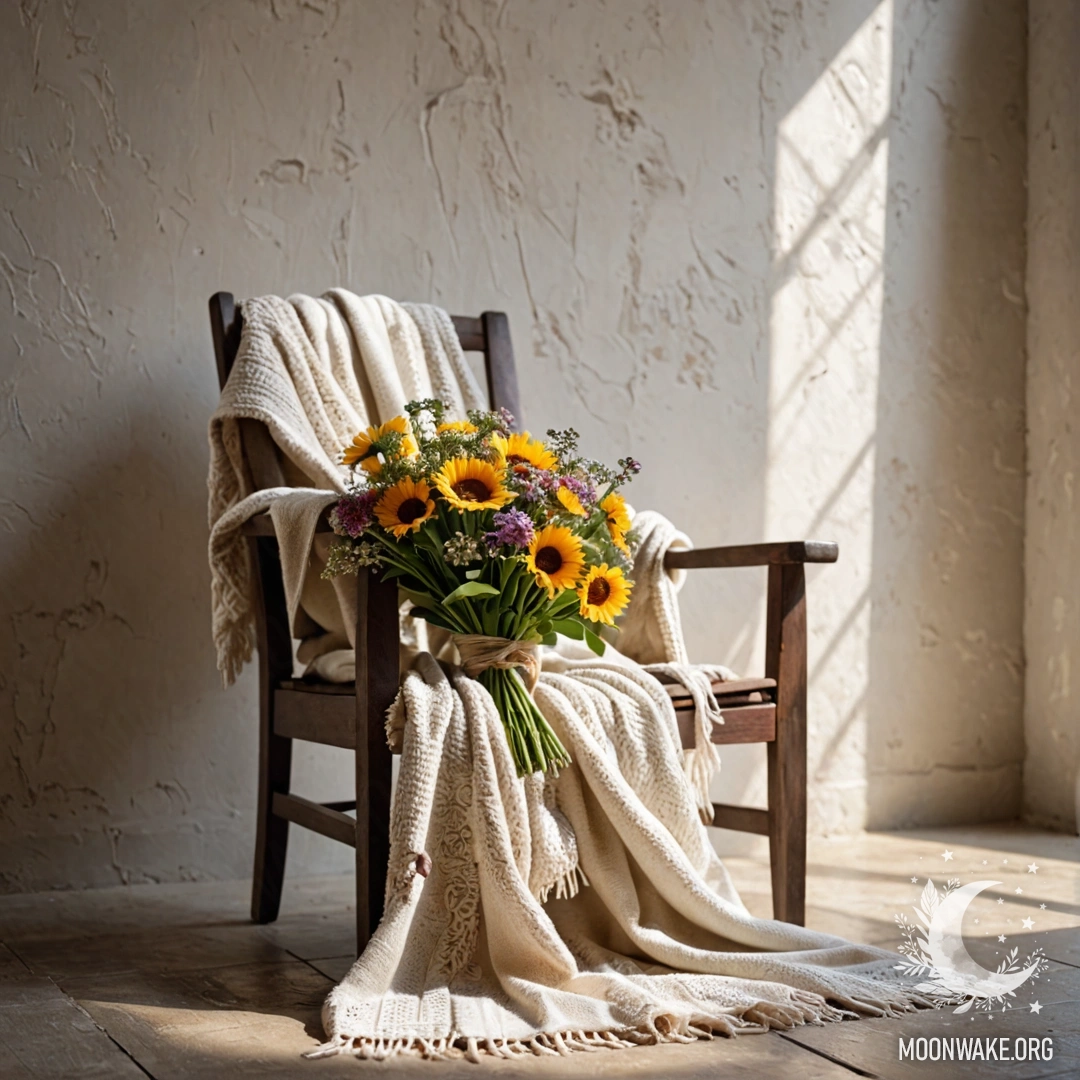 A peaceful scene featuring a chair with a blanket and a bouquet of flowers in sunlight against a shabby wall.