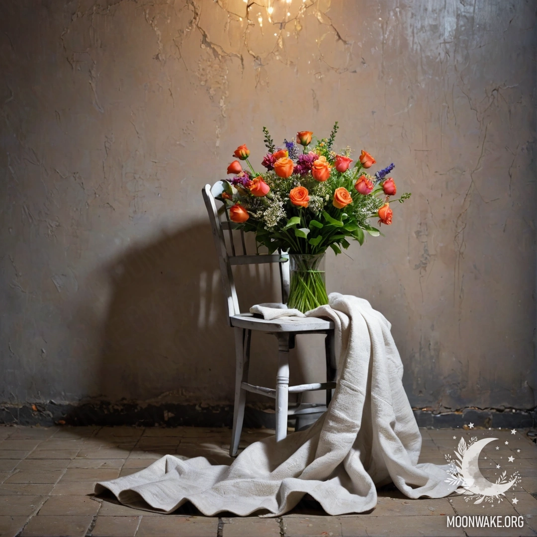 A photorealistic chair with a blanket and a bouquet of flowers on it against a shabby wall at night.