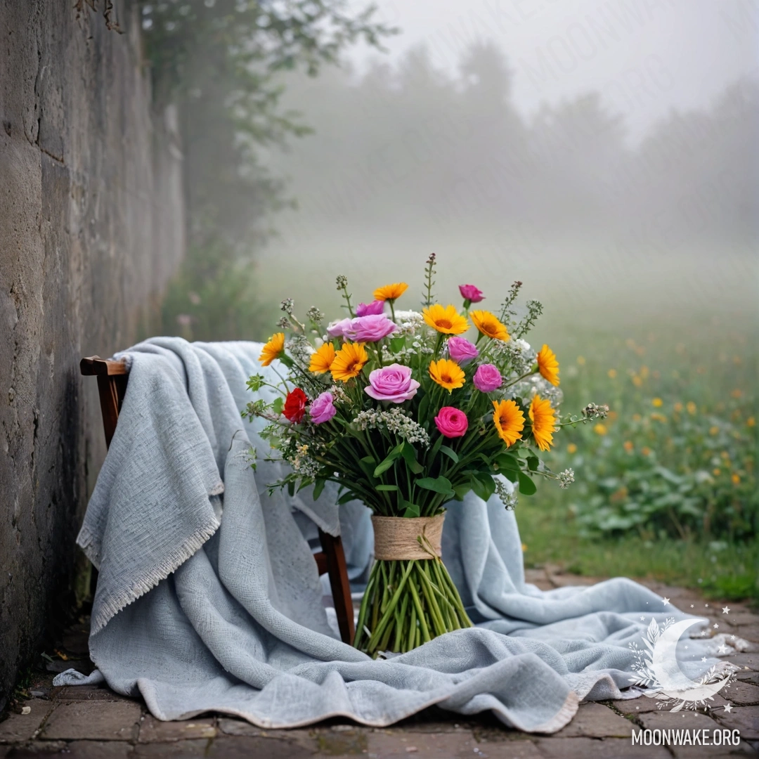 A cozy chair against a shabby wall with a blanket and a bouquet of flowers on it, shrouded in heavy fog.