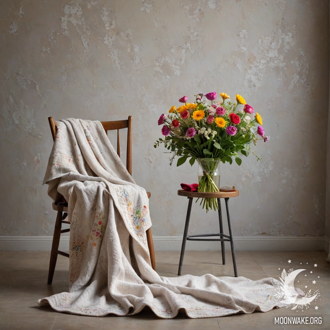 A chair with a blanket and a bouquet of flowers on it against a shabby wall.