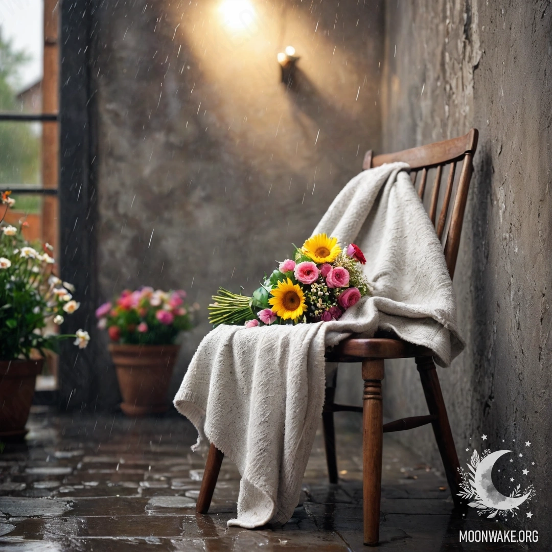 Serene Bouquet on a Rainy Day A chair with a blanket and a bouquet of flowers on it, positioned against a shabby wall in the rain.